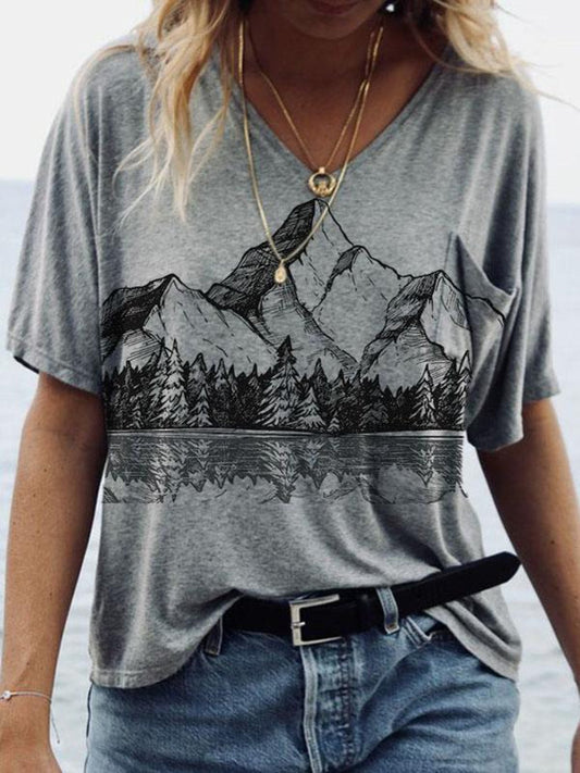 Landscape Reflection Sketch Art V Neck T Shirt