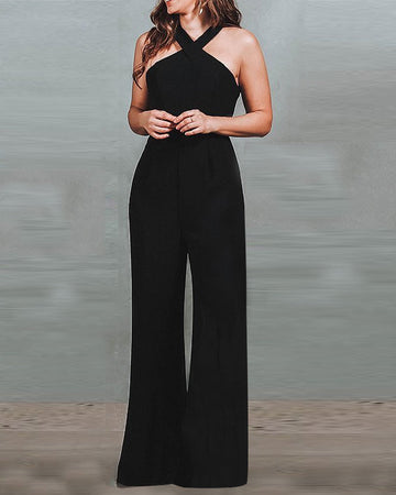 Fashionable Cross Solid Color Jumpsuit