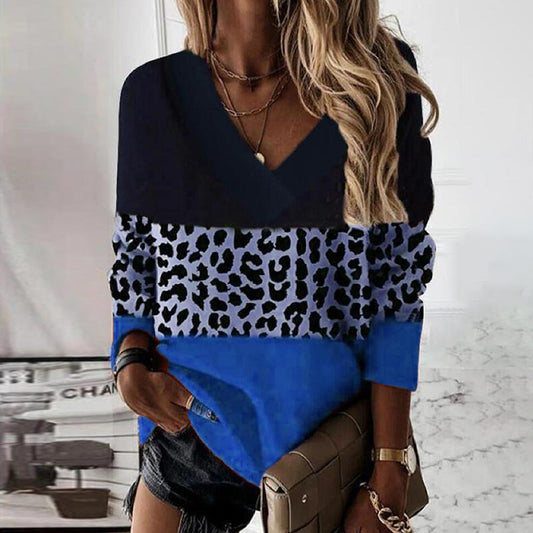 Leopard Panel V-Neck Long Sleeve T-Shirt