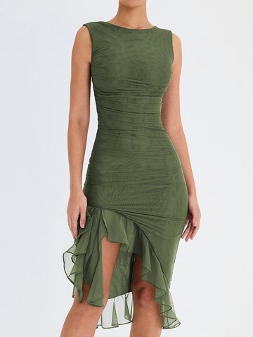 Elegant Ruffle Ruched Rackless Sleeveless Midi Dress For Women