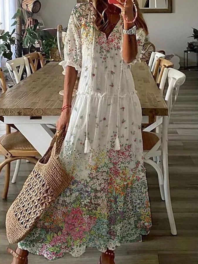 Women&#039;S Long Sleeve Ruffle Print Long Dress