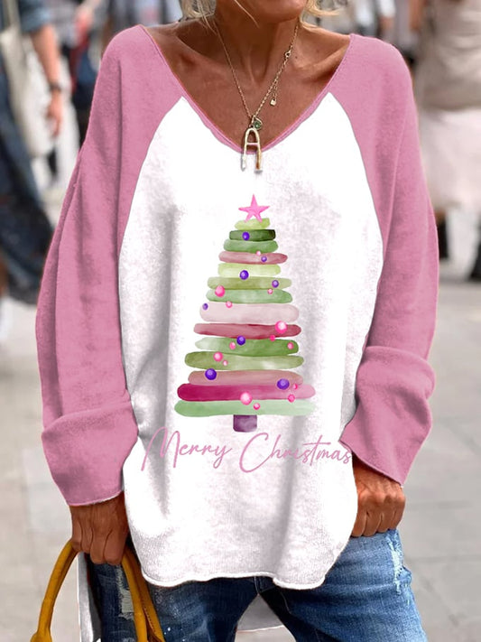 Women's Merry Christmas Tree Printed Raglan Sleeve V-neck Long-sleeved Top