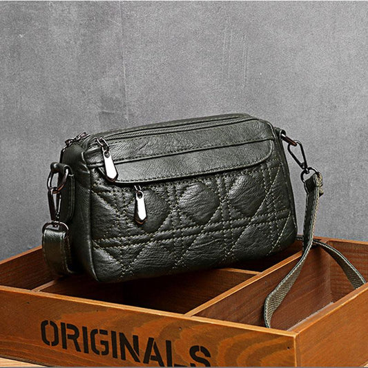 Ladies double-layer large capacity diagonal shoulder bag washed soft leather pouch