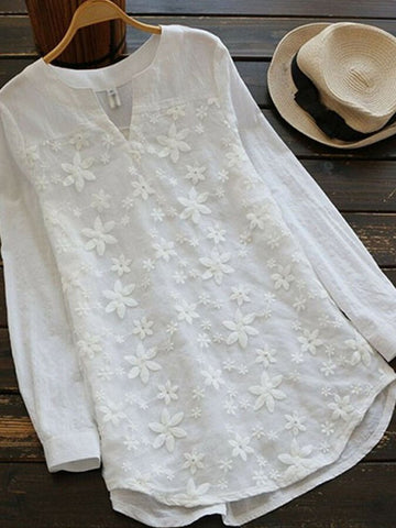 Women's lace embroidered cotton and linen long-sleeved shirt