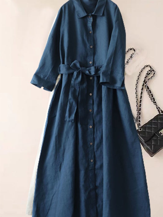 Women's Solid Cotton Linen Lapel Shirt Dress