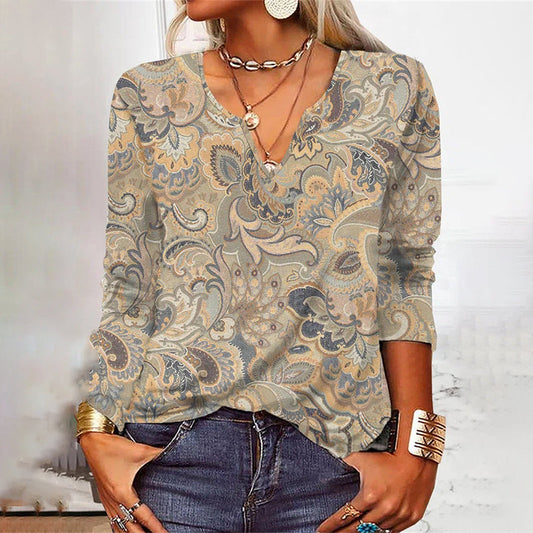 Vintage Floral Print V-Neck Long Sleeve T-Shirt