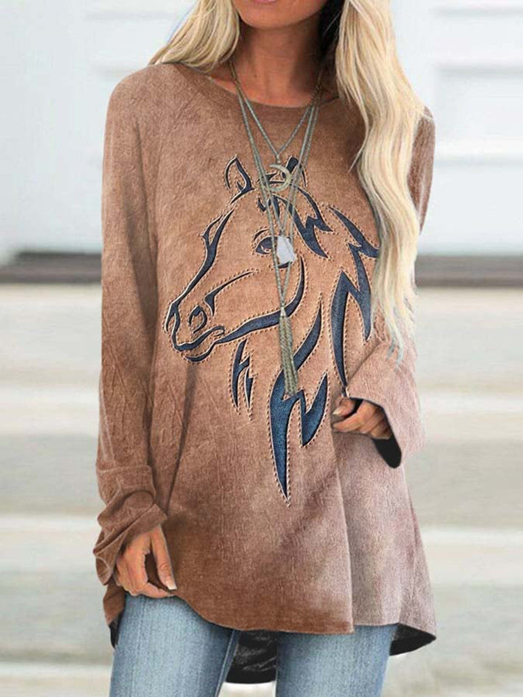 Western Horse Print Crew Neck Long Sleeve Tunic