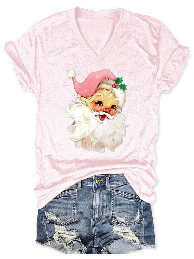 Christmas Retro Pink Santa Print T-Shirt