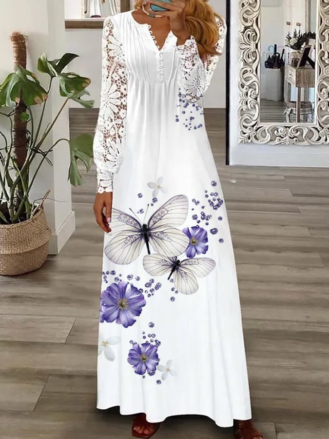 Women's Butterful Floral Print V Neck Lace Panel Long Dress