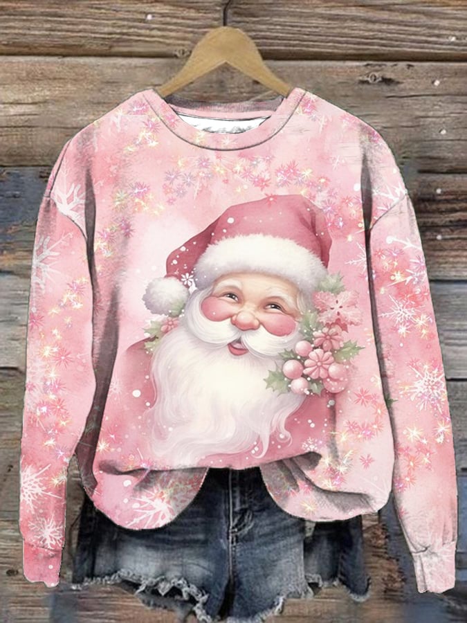 Women'S Vinter Pink Santa Christmas Print Casual Sweatshirt