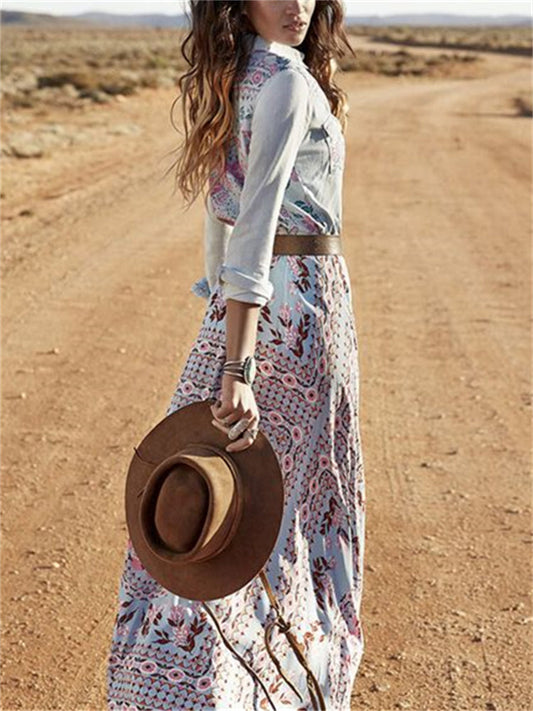 Boho Floral Flap Pocket Maxi Shirt Dress