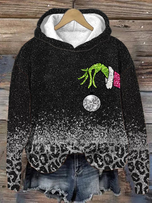 Women's Sequin Chrsitmas Green Hand Print Hooded Sweatshirt