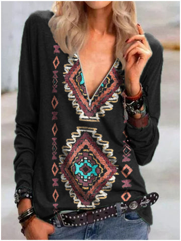 Wisherryy V-Neck Geometric Print Zipper Long-Sleeved T-Shirt