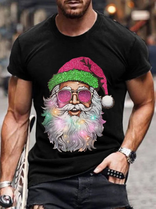 Men's Casual Shiny Santa Print T-Shirt