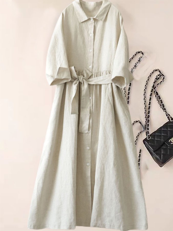 Women's Solid Cotton Linen Lapel Shirt Dress