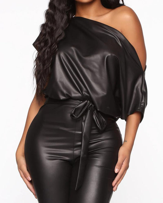 Lace-up Strapless Skinny Leather Jumpsuit