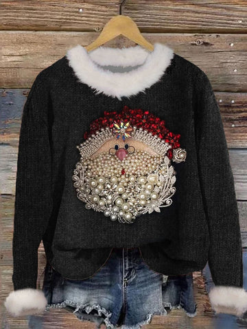 Women's Christmas Santa Claus Print Knit Pullover Fur Collar Sweater