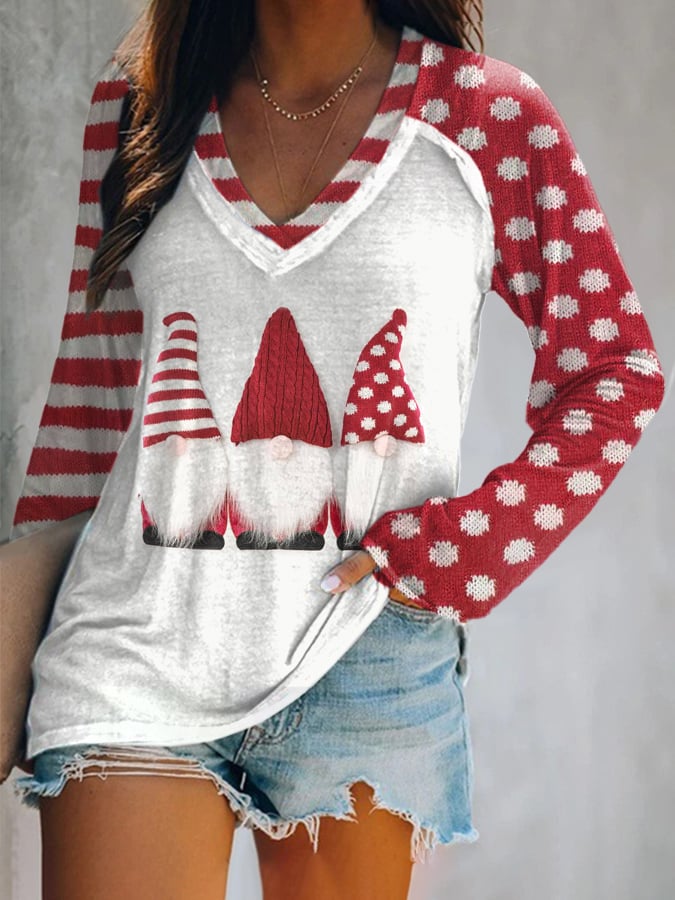 Women'S Christmas Gnome Patchwork Print Long Sleeve T-Shirt