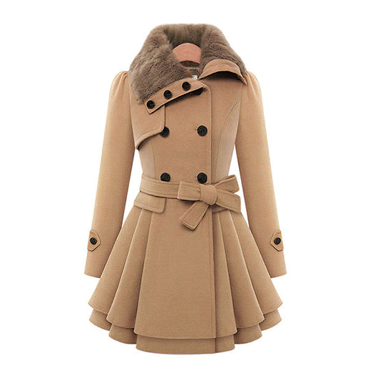 Fashionable Fur Collar Double Breasted Wool Coat