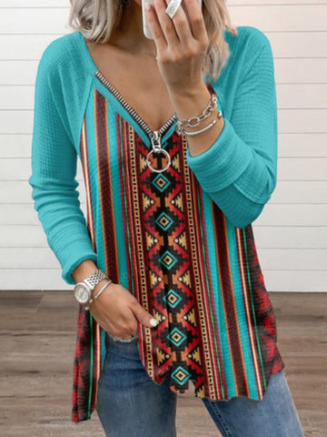 Western Print Zip Long Sleeve T-Shirt