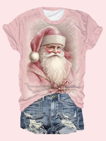 Women's Pink Santa Claus Print Christmas Casual Tee