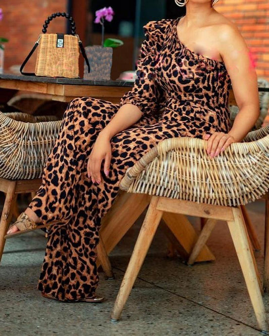 Leopard Print Digital Single Sleeve Jumpsuit