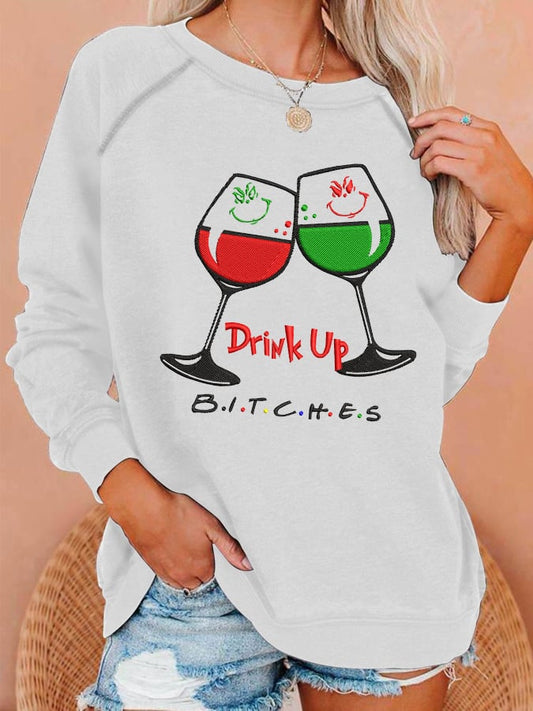 Women'S Christmas Wine Glass Print Crew Neck Sweatshirt