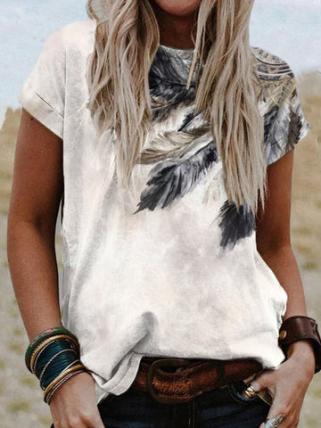 Western Feather Print Short Sleeve T Shirt