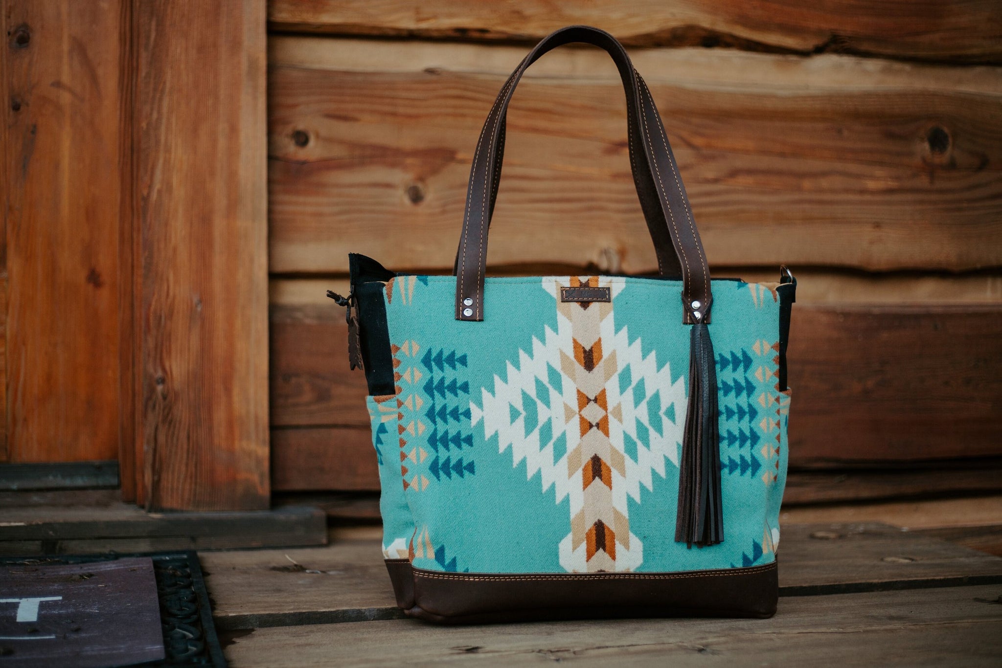 UNISEX DIAPER BAG TOTE IN LEATHER AND NATIVE WOOL, SOUTHWESTERN CARRY ON TOTE,