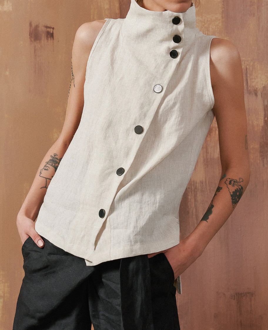 Women's Sleeveless Cotton Linen Button Top