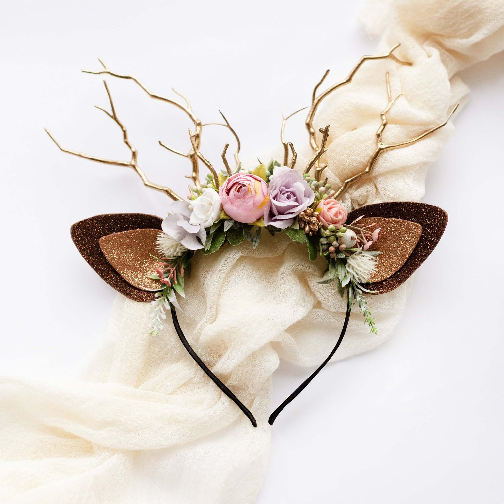 Christmas Reindeer Headband- Lavender Aster & Dusty Rose Garden