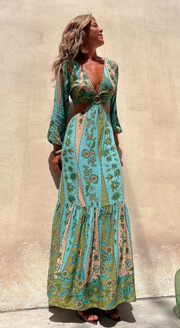 Boho Cut-Out Tie Back Maxi Dresses in Turquoise