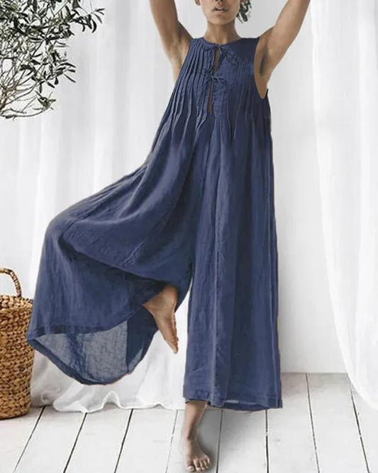 Solid color casual striped sleeveless cotton and linen jumpsuit