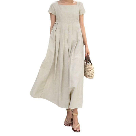 Short Sleeve Square Collar Elegant Casual Long Dress