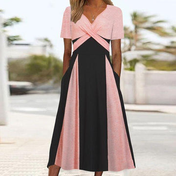 Pink and Black V-neck Midi Dress