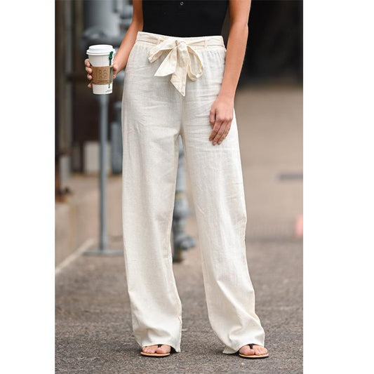 Solid color lace-up casual loose straight-leg trousers