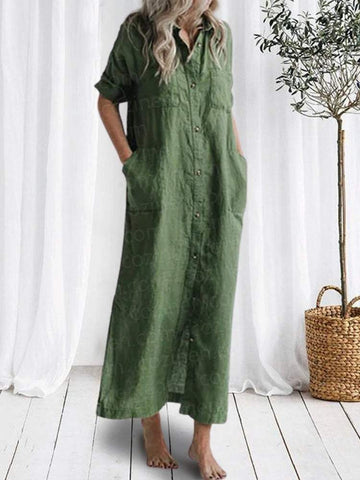 Women Comfortable Cotton And Linen Shirtdress