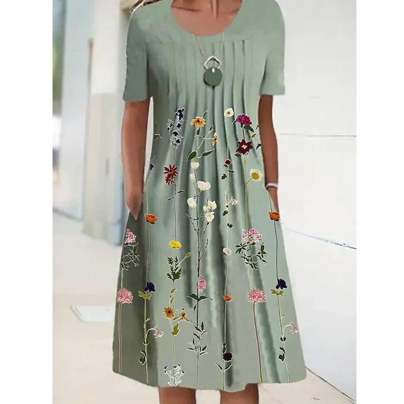 Women's Round Neck Pleated Floral Dress