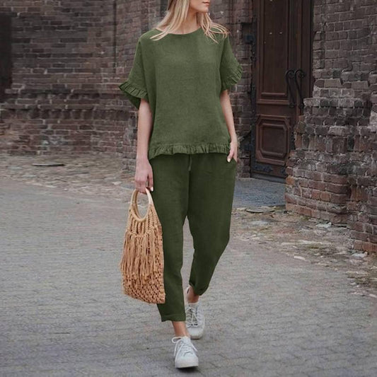 Solid color retro cotton and linen casual long-sleeved loose suit