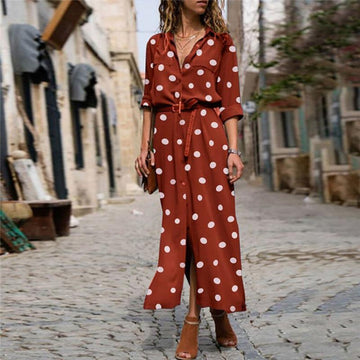 Polka-dot single-breasted maxi shirt dress