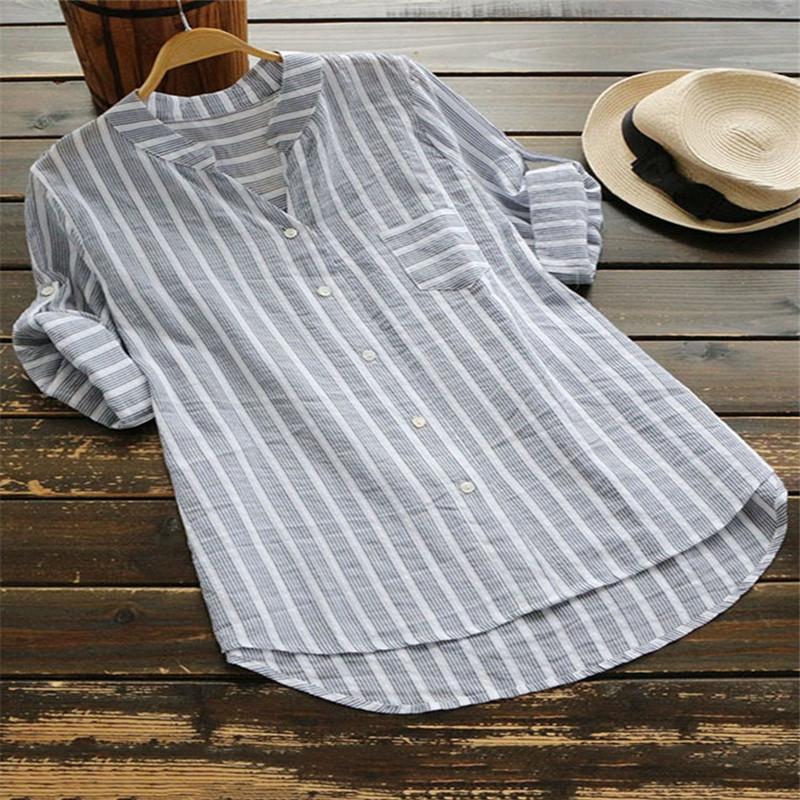 Casual V-neck Mid-Length Women's Shirt Striped Three-quarter Sleeve Shirt