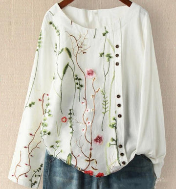 Women's Loose Cotton Linen Pullover Embroidered Round Neck Plus Size Top