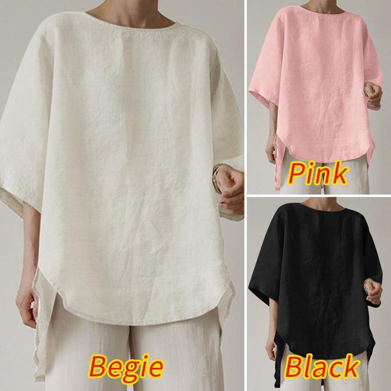 Women's Cotton And Linen Solid Color Artistic Retro Round Neck Top