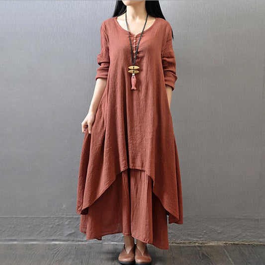 Casual loose fake two-piece long-sleeved cotton and linen dress