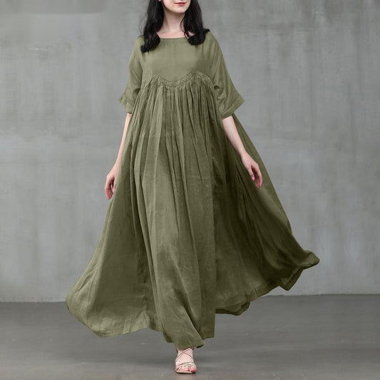 Casual cotton and linen pullover round neck large swing solid color dress