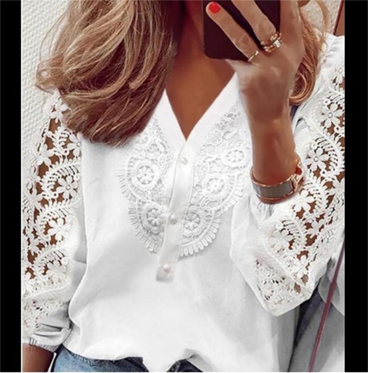 V-neck lace top print stitching long-sleeved shirt