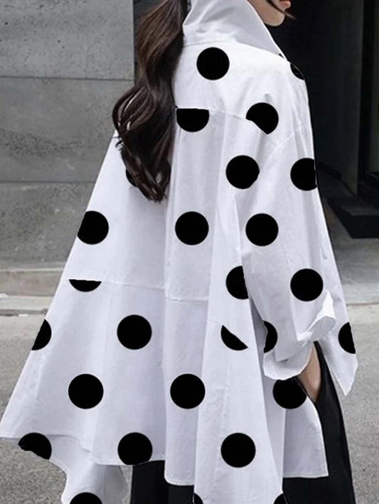 French long-sleeved polka-dot commuter cotton pullover white lapel shirt