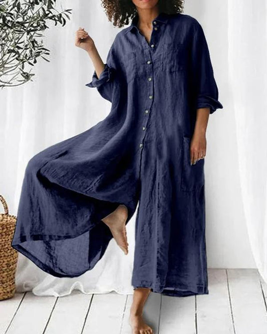 Women'S Solid Color Long-Sleeved Loose Wide-Leg Jumpsuit