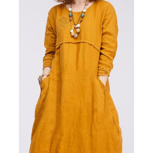 Paneled round neck cotton and linen dress