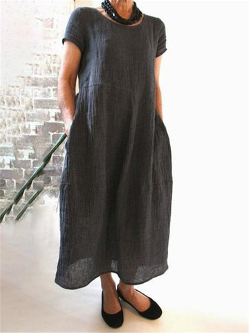 Solid Color Retro Loose Cotton Linen Dress